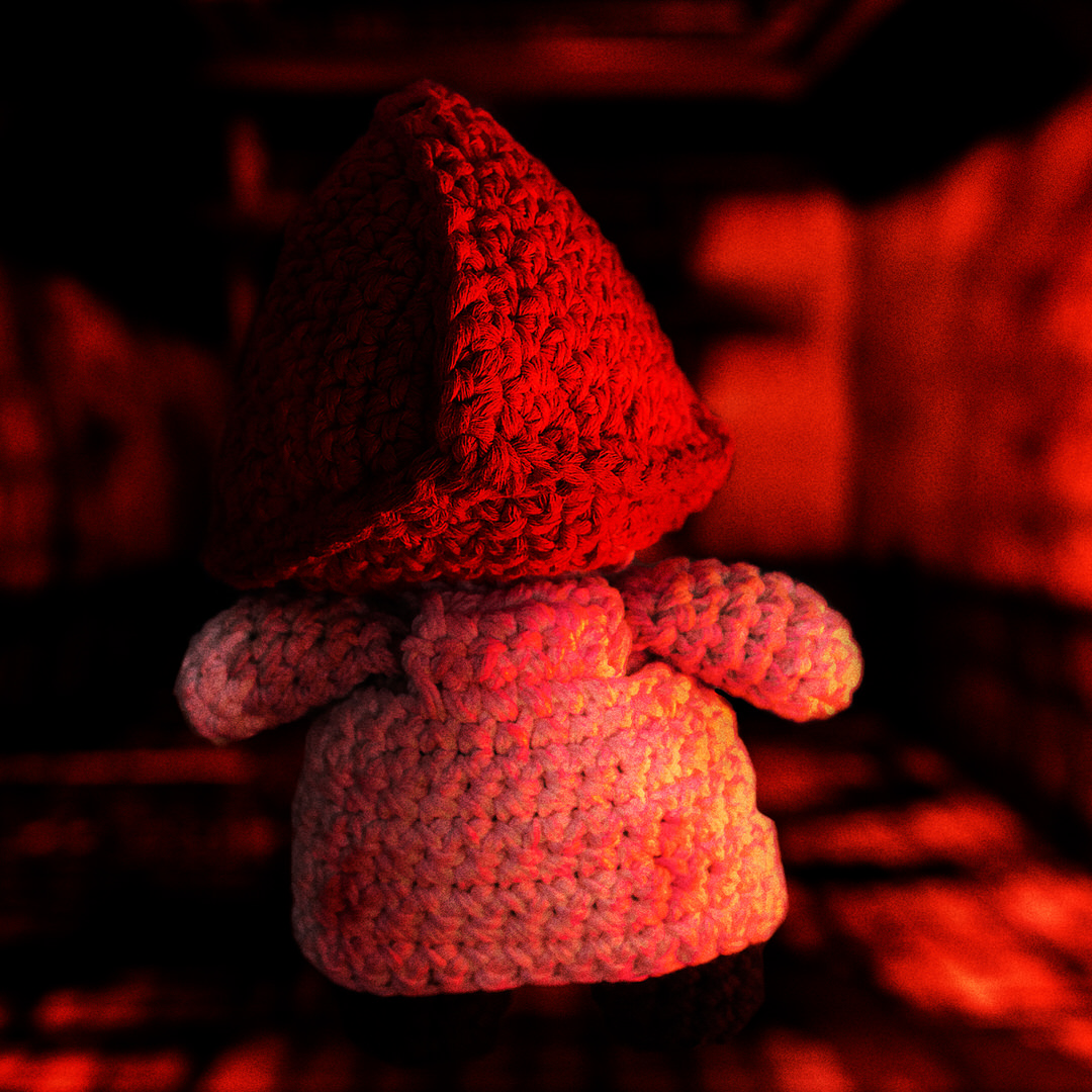 Amigurumi, figurine en crochet représentant Pyramid Head du jeu vidéo Silent Hill 2, sur une photographie horrifique, imaginé et confectionné à la main par les Mignonstres, une marque le Rat et l’Ours.