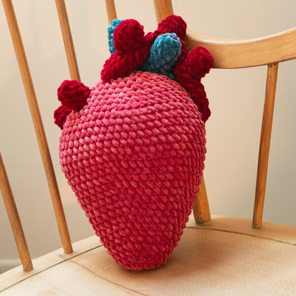 Coussin en crochet représentant un cœur anatomique, réalisé en fil chenille imaginé et confectionné à la main par les Mignonstres, une marque le Rat et l’Ours.