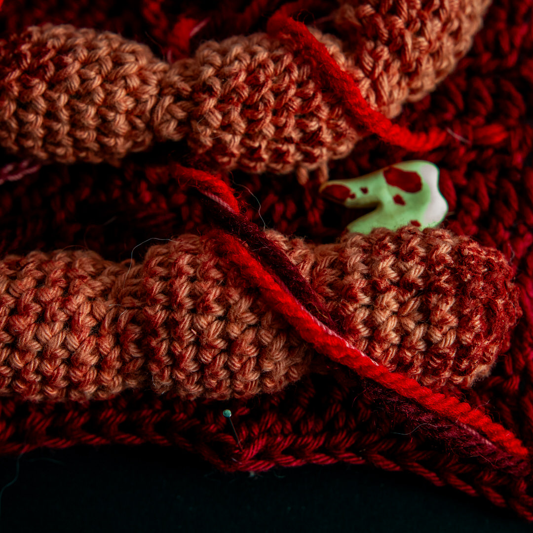 Détail d’un tableau en crochet sur le thème du body horror, avec des yeux, des dents, des instestins… Œuvre imaginée et confectionnée à la main par les Mignonstres, une marque le Rat et l’Ours.