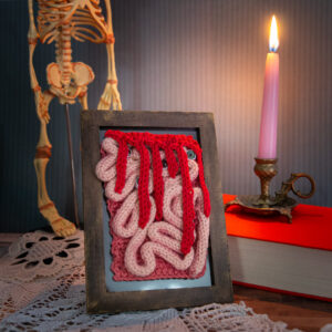 Tableau en crochet sur le thème du body horror, qui ressemble à un cerveau à vif et des yeux. Œuvre imaginée et confectionnée à la main par les Mignonstres, une marque le Rat et l’Ours.